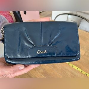 Coach blue patent leather clutch wristlet